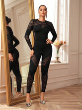 Oxana Designer Women's Black Sheer Floral Lace Sexy Round Neck Long Sleeves Party Jumpsuit, Holiday, New Year, Thanksgiving